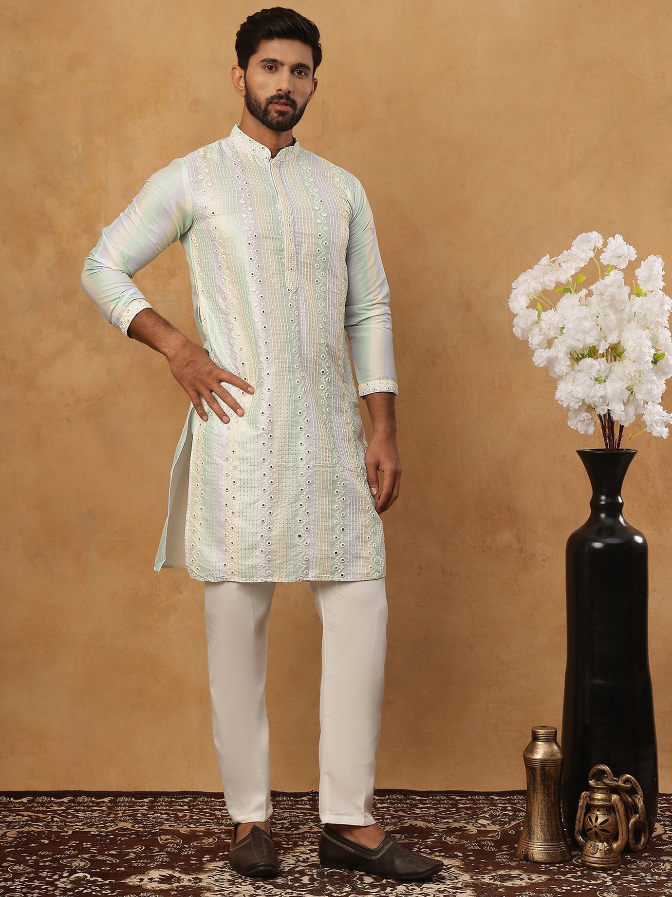 Embroidered And Mirror Work Straight Kurta Set For Men