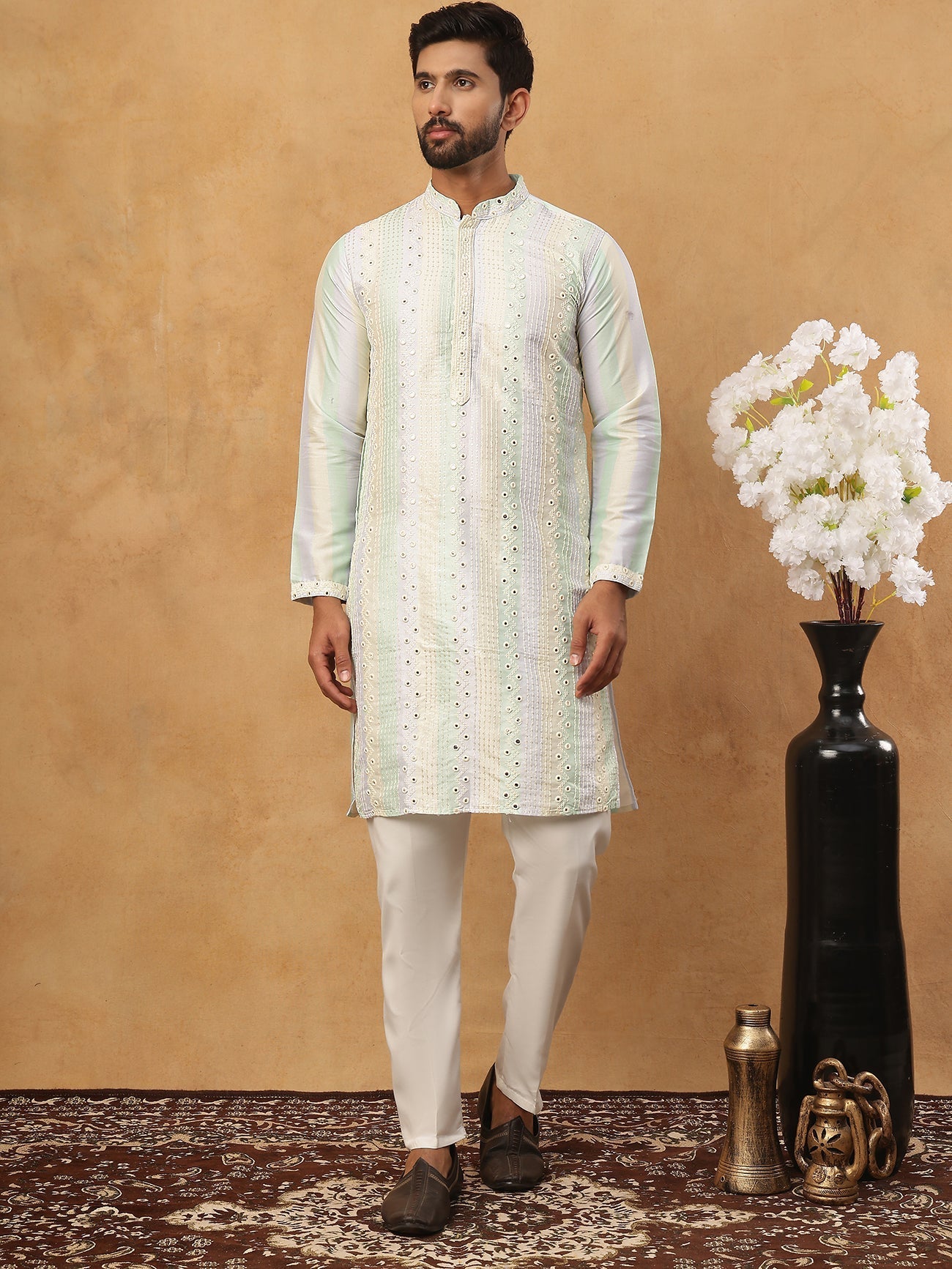 Embroidered And Mirror Work Straight Kurta Set For Men