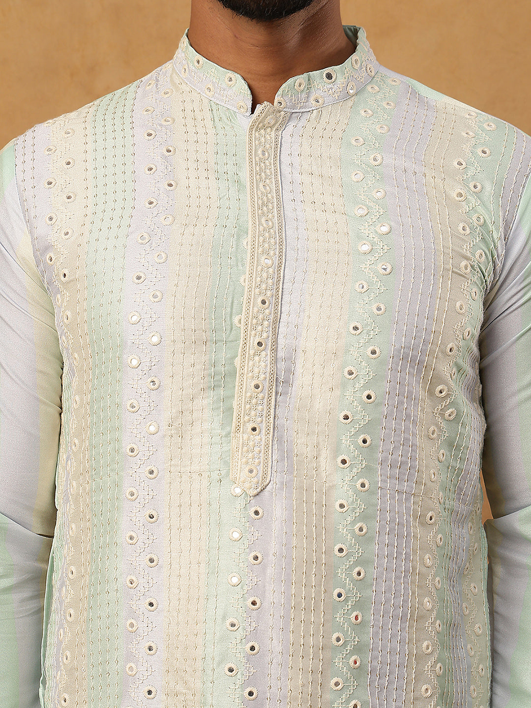Embroidered And Mirror Work Straight Kurta Set For Men