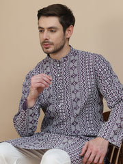 Geometric Print Silk Blend Straight Kurta Set for Men ( JOKP P 5250 Purple )