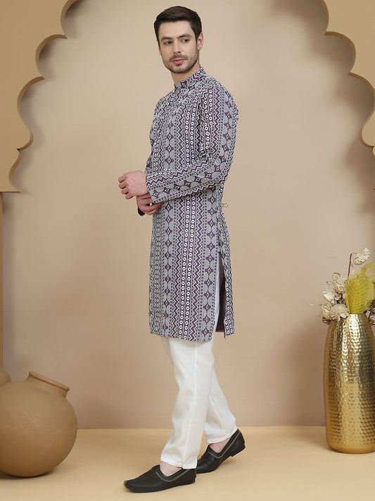 Geometric Print Silk Blend Straight Kurta Set for Men ( JOKP P 5250 Purple )