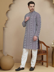 Geometric Print Silk Blend Straight Kurta Set for Men ( JOKP P 5250 Purple )