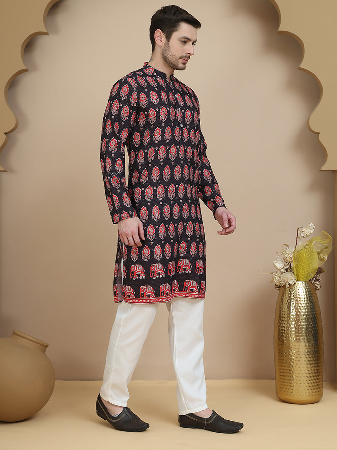 Jompers - Printed Silk Blend Straight Kurta Set for Men ( JOKP P 5251 Black )