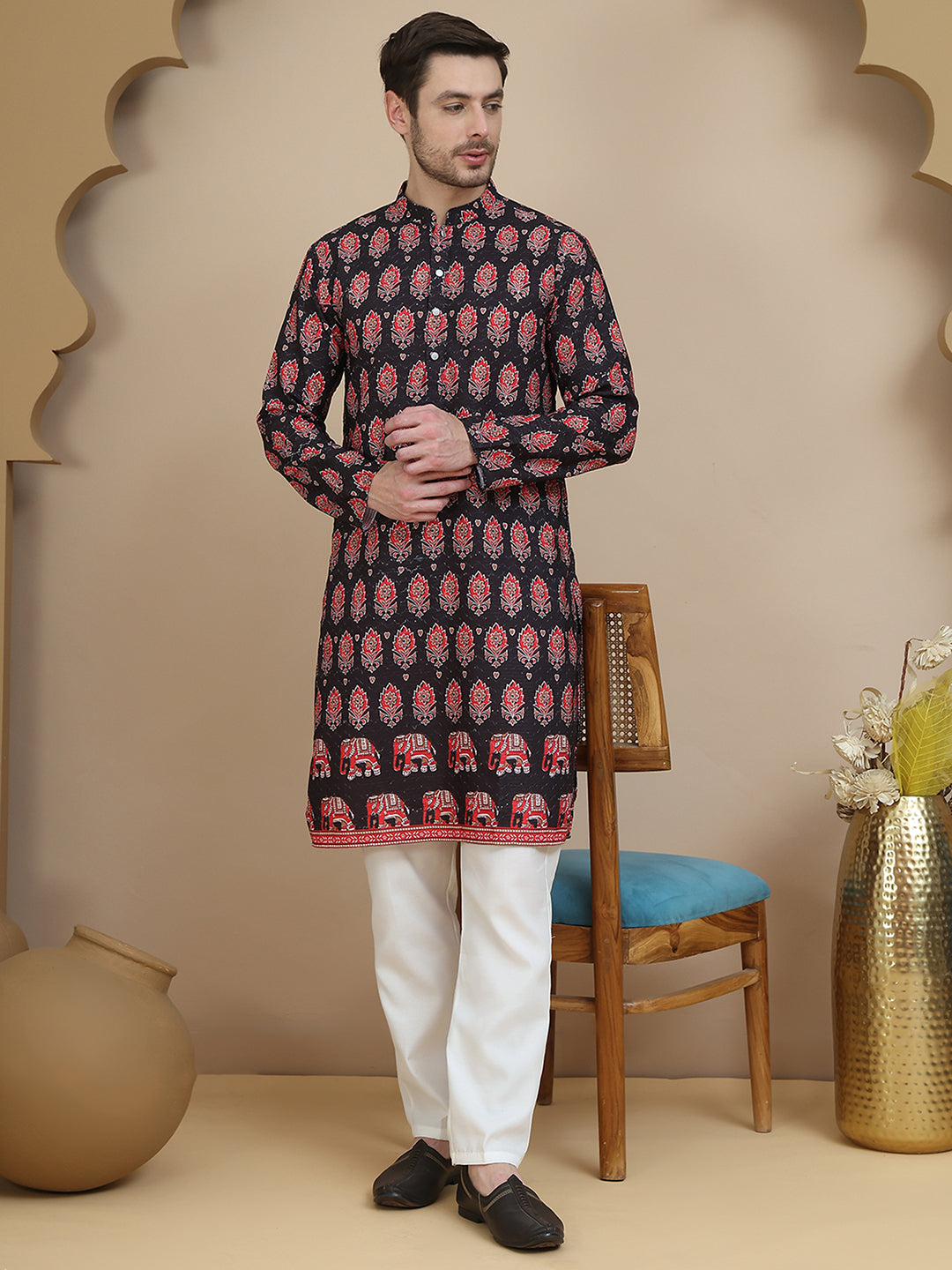 Jompers - Printed Silk Blend Straight Kurta Set for Men ( JOKP P 5251 Black )