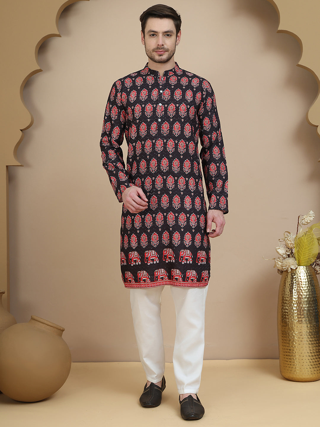 Jompers - Printed Silk Blend Straight Kurta Set for Men ( JOKP P 5251 Black )