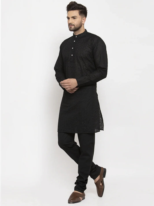 Men Black Chikan Kurta with Churidar ( JOKP 561 Black )