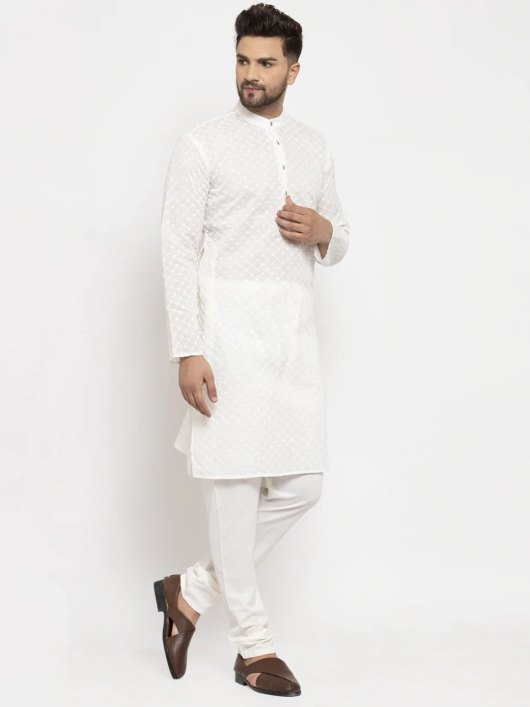 Jompers Men Cream Chikan Kurta With Churidar 561 Cream