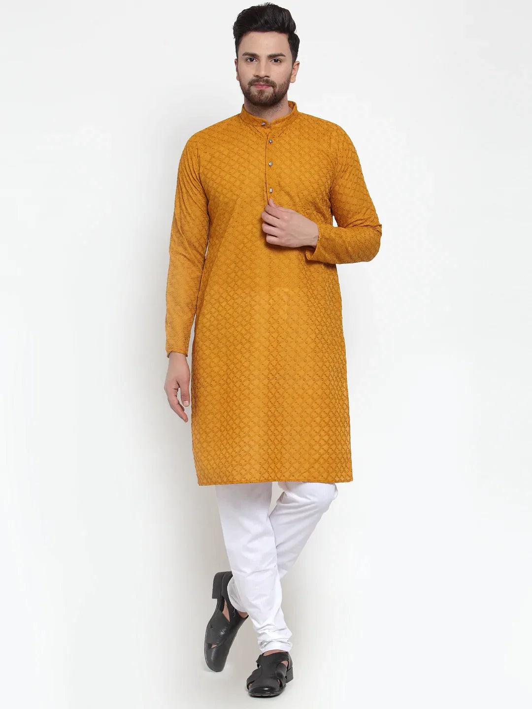 Jompers Men Mustard Chikan Kurta With Churidar 561 Mustard