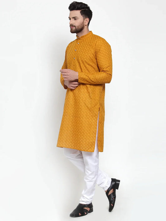 Men Mustard Chikan Kurta with Churidar ( JOKP 561 Mustard )