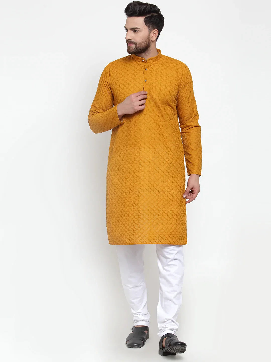 Jompers Men Mustard Chikan Kurta With Churidar 561 Mustard