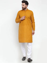 Men Mustard Chikan Kurta with Churidar ( JOKP 561 Mustard )