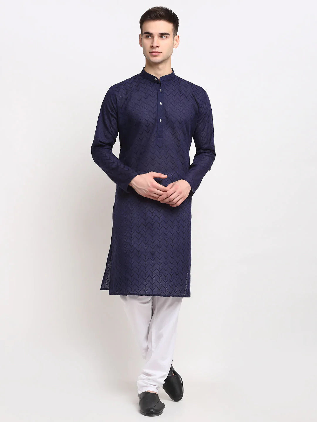 Jompers Men Navy Chikan Kurta With Churidar