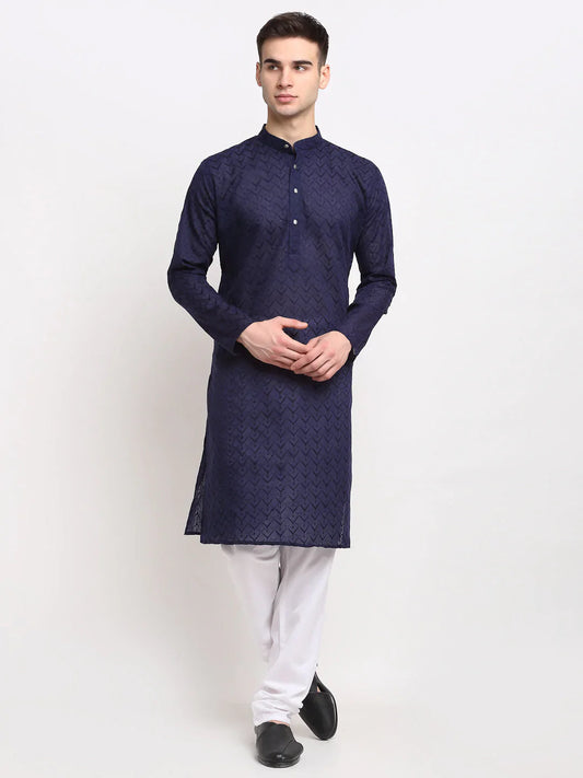 Jompers Men Navy Chikan Kurta With Churidar