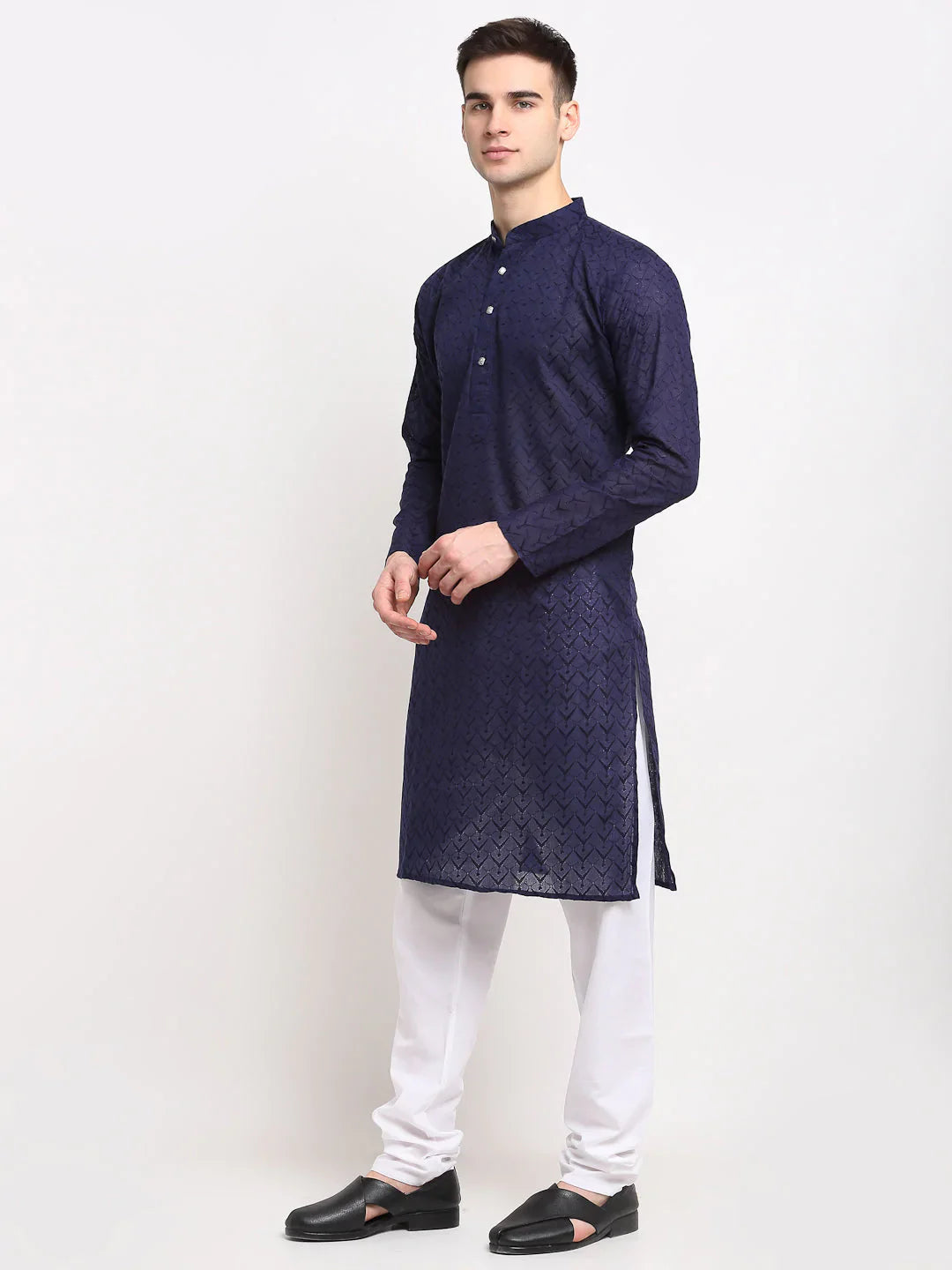 Jompers Men Navy Chikan Kurta With Churidar