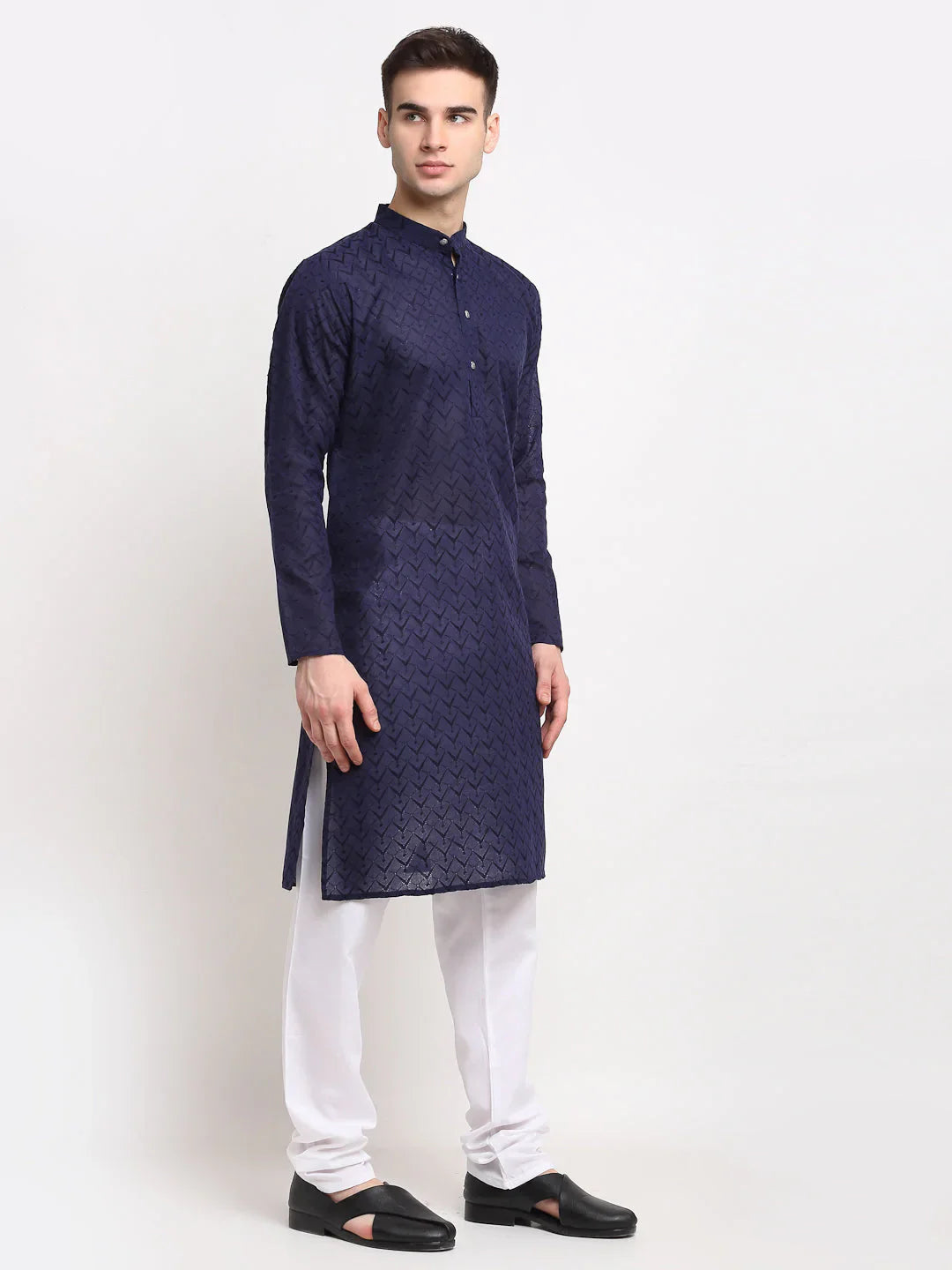 Jompers Men Navy Chikan Kurta With Churidar