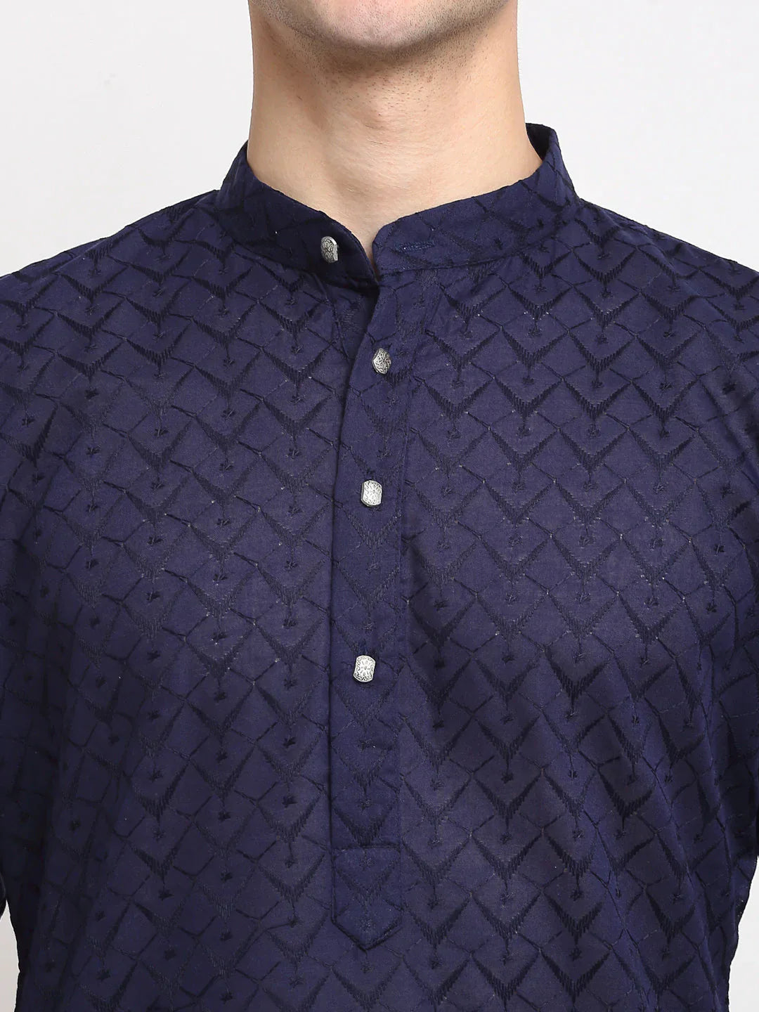 Jompers Men Navy Chikan Kurta With Churidar