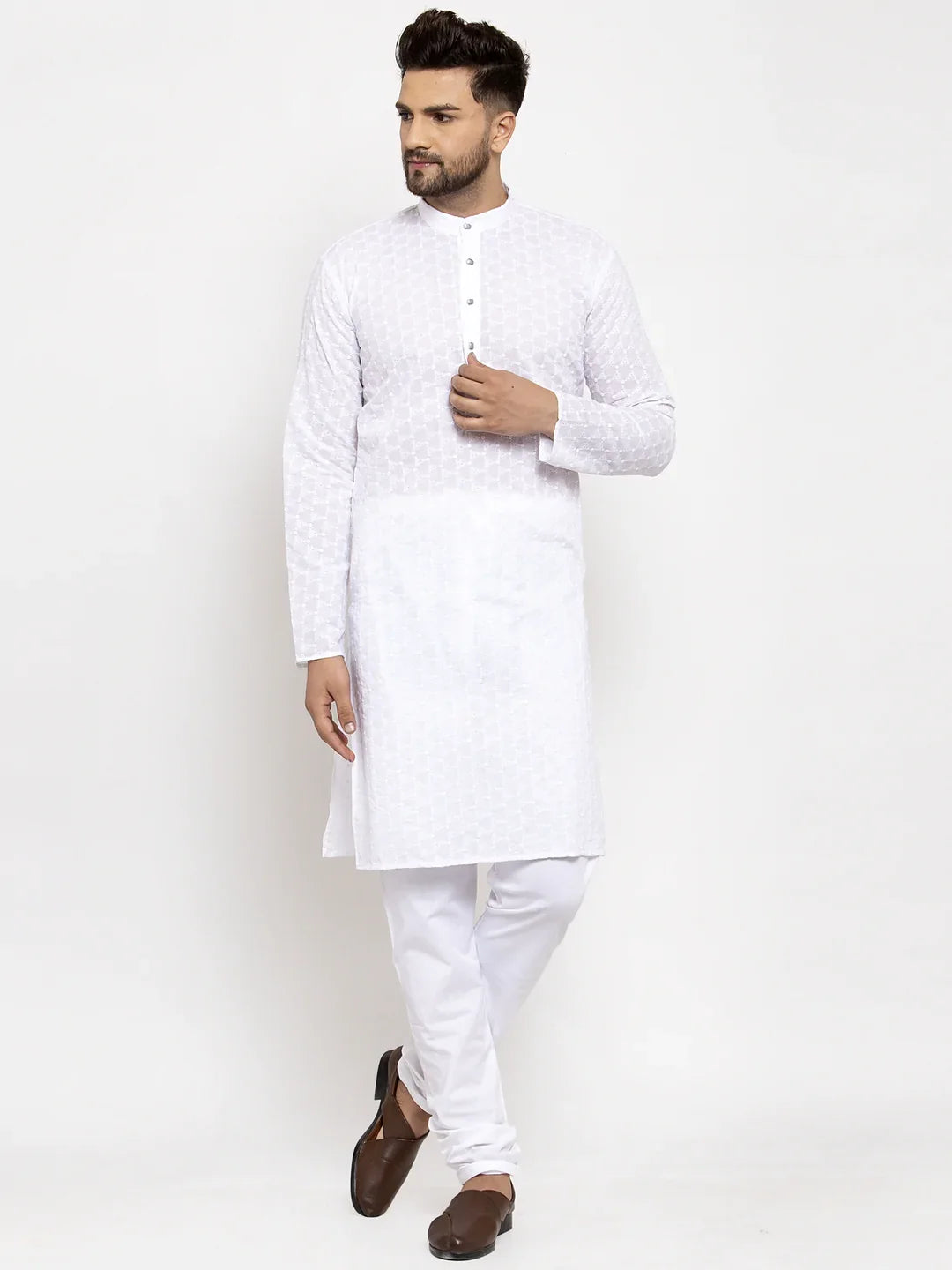 Jompers Men White Chikan Kurta With Churidar 561 White