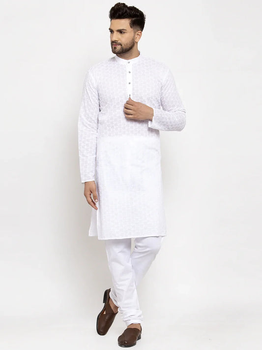 Men White Chikan Kurta with Churidar ( JOKP 561 White )