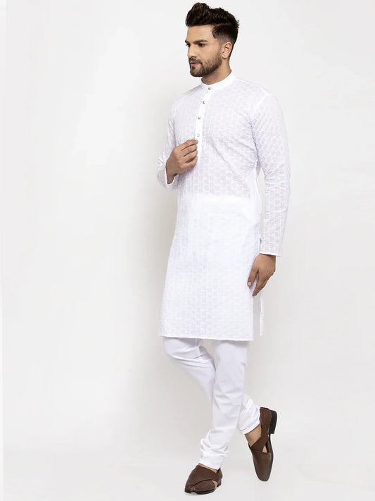 Men White Chikan Kurta with Churidar ( JOKP 561 White )