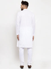 Men White Chikan Kurta with Churidar ( JOKP 561 White )