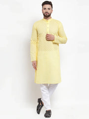 Men Yellow Chikan Kurta with Churidar ( JOKP 561 Yellow )
