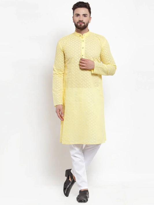 Men Yellow Chikan Kurta Only ( KO 561 Yellow )