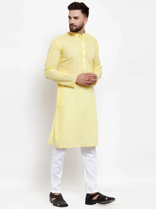 Men Yellow Chikan Kurta Only ( KO 561 Yellow )