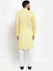 Men Yellow Chikan Kurta with Churidar ( JOKP 561 Yellow )