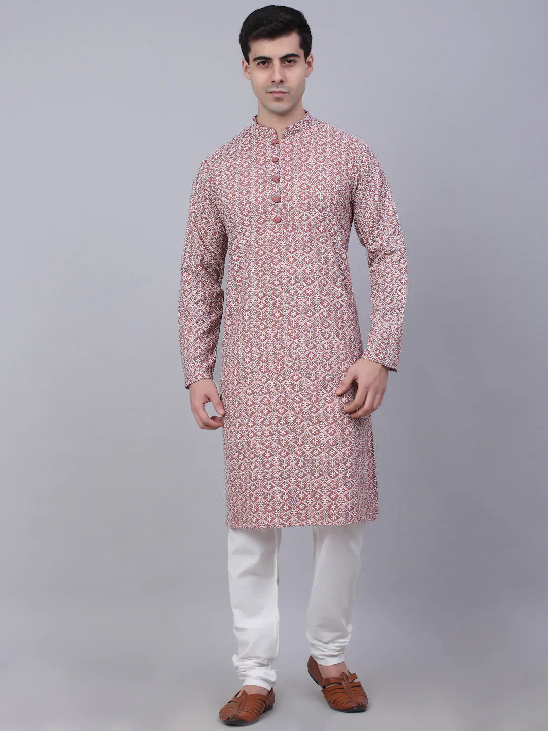 Jompers Mens Coral Red White Embroidered Straight Kurta Pyjama Set