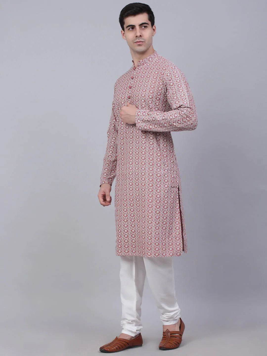 Jompers Mens Coral Red White Embroidered Straight Kurta Pyjama Set