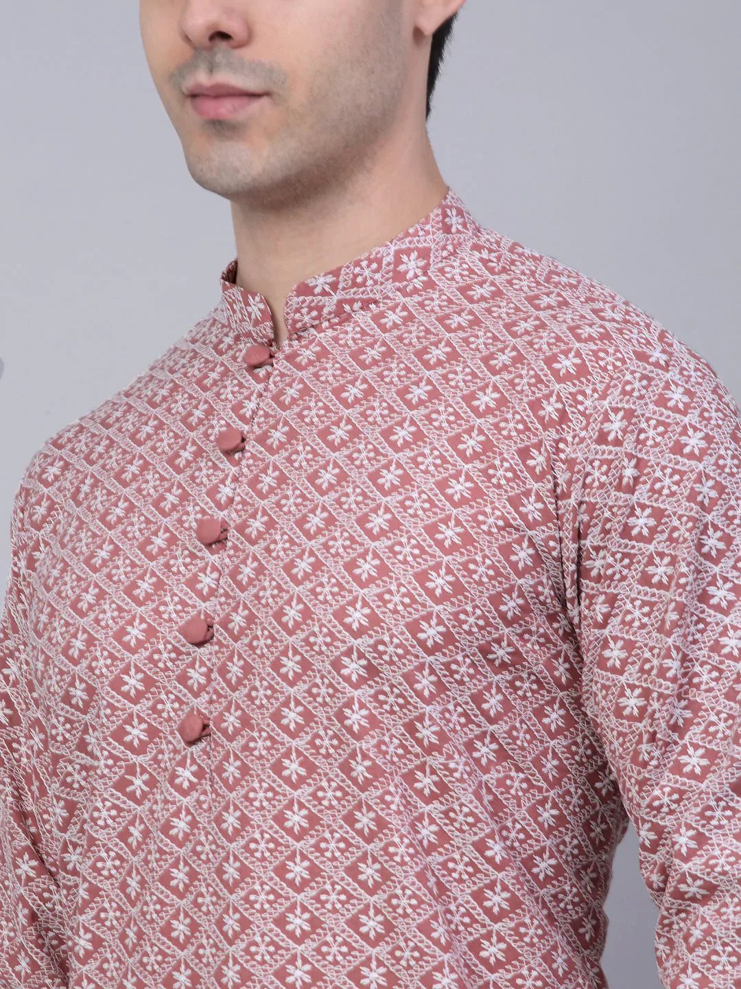 Jompers Mens Coral Red White Embroidered Straight Kurta Pyjama Set
