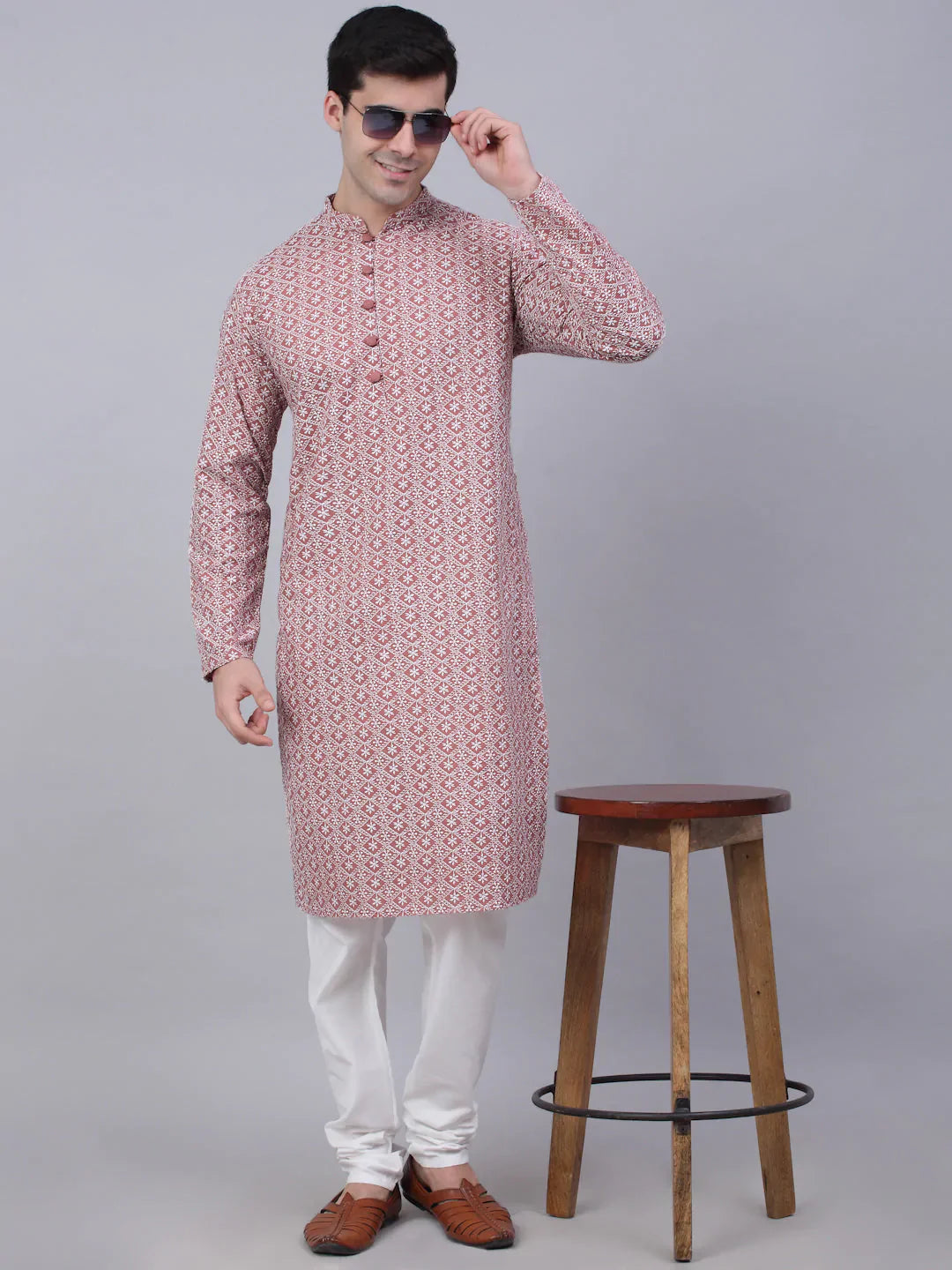 Jompers Mens Coral Red White Embroidered Straight Kurta Pyjama Set
