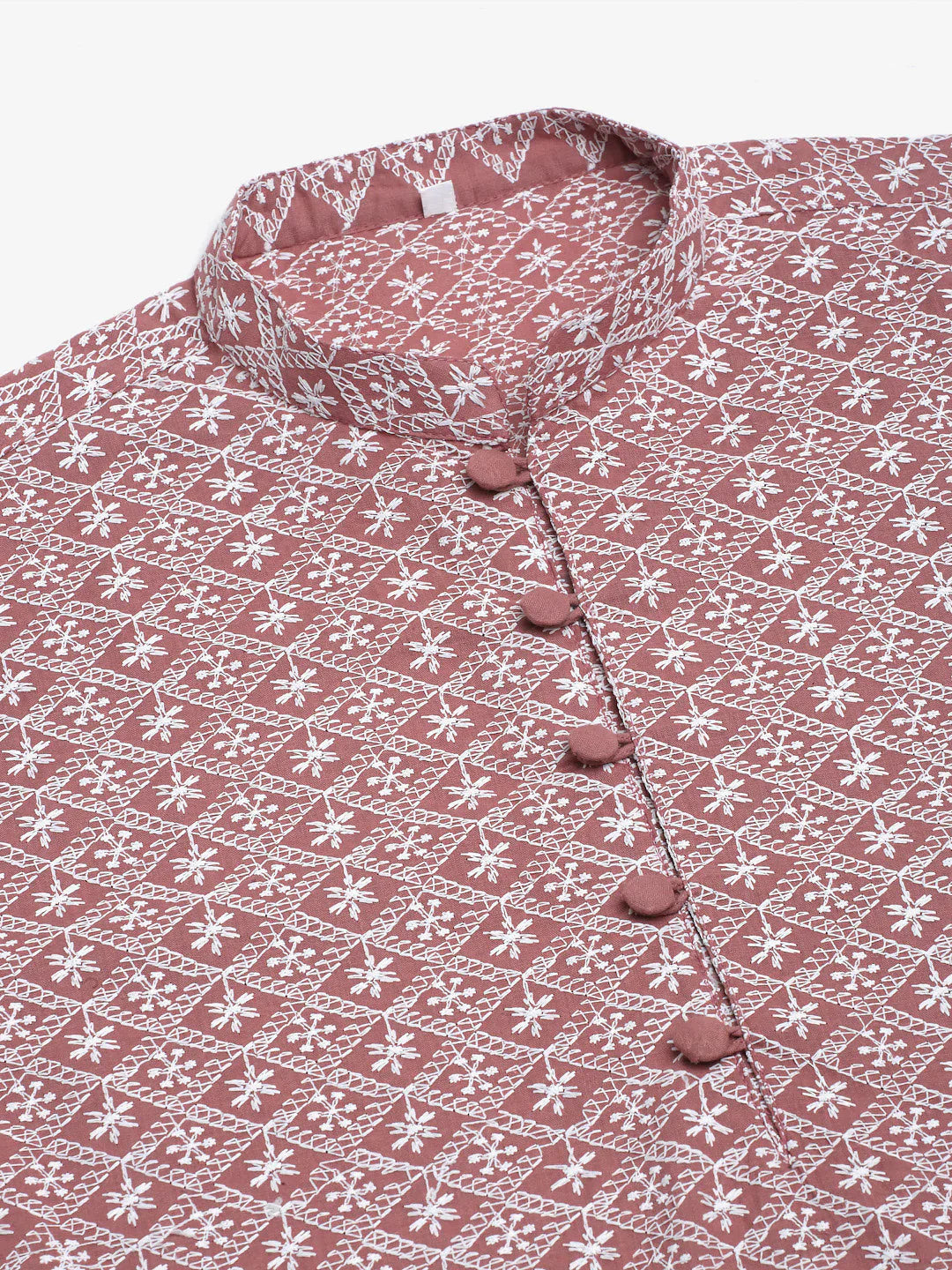 Jompers Mens Coral Red White Embroidered Straight Kurta Pyjama Set