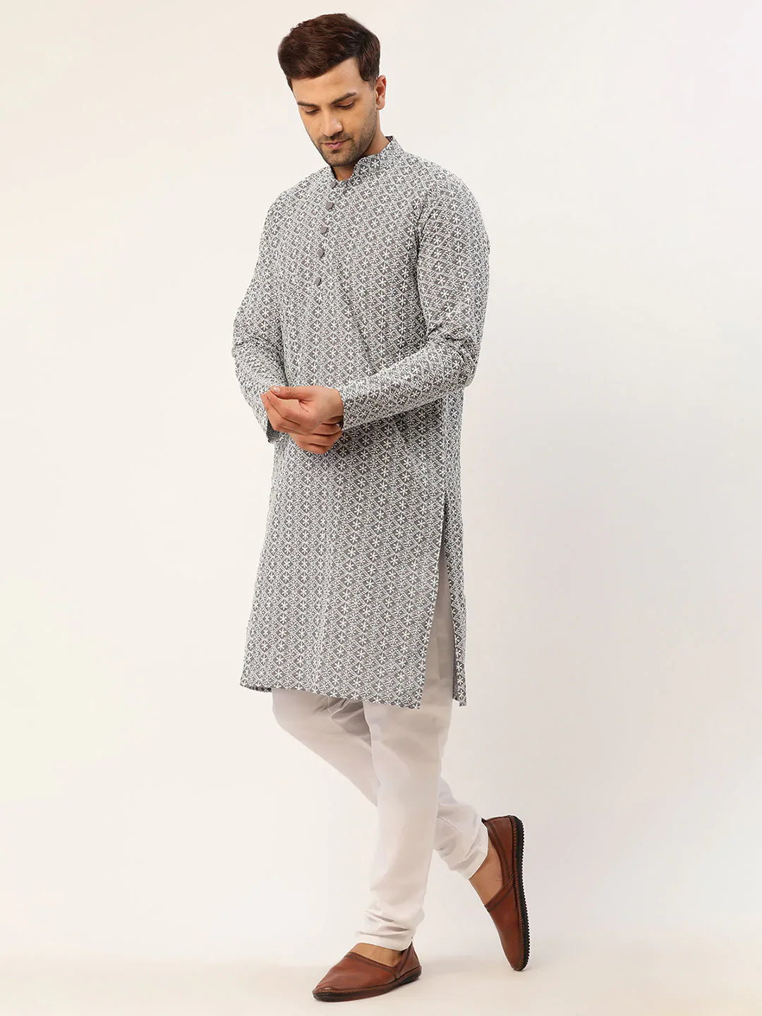 Jompers Mens Grey White Embroidered Straight Kurta Pyjama Set