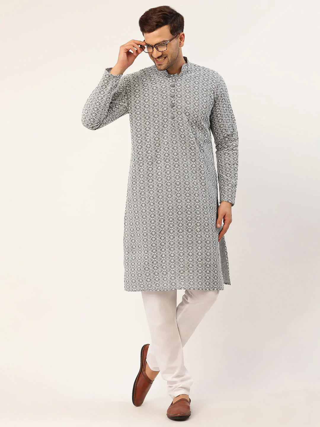 Jompers Mens Grey White Embroidered Straight Kurta Pyjama Set