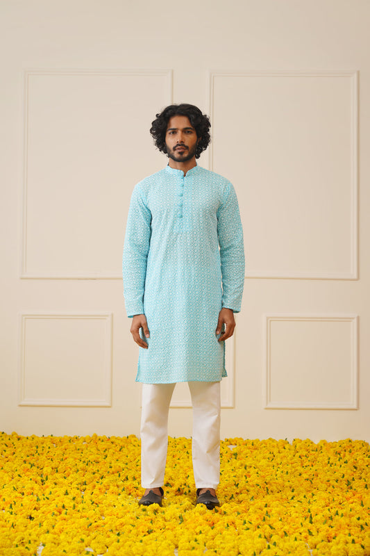 Men's Sky Embroidered Kurta Payjama Sets ( JOKP 626Sky )