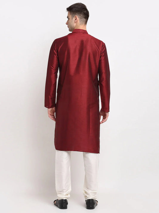 Men's Maroon Solid Dupion Silk Kurta Payjama Set ( JOKP 636 Maroon )
