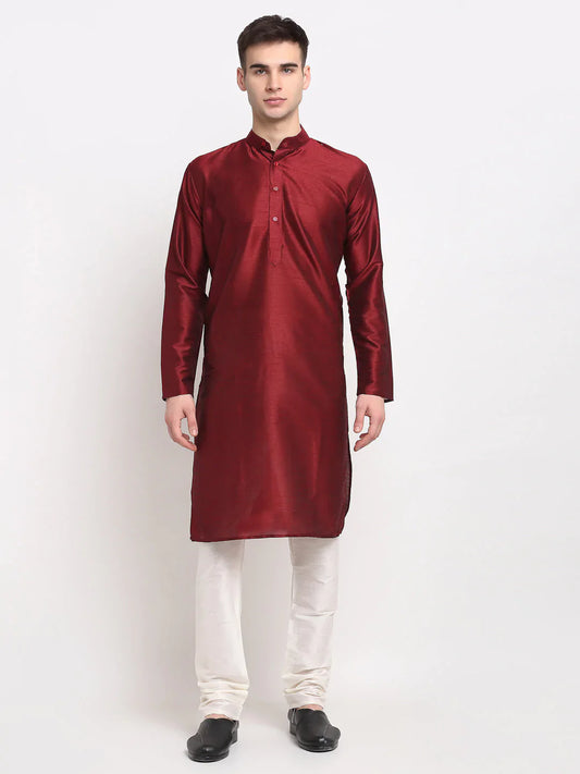 Men's Maroon Solid Dupion Silk Kurta Payjama Set ( JOKP 636 Maroon )