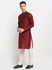 Men's Maroon Solid Dupion Silk Kurta Payjama Set ( JOKP 636 Maroon )
