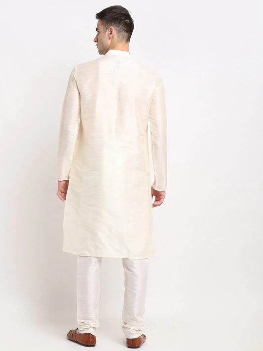 Men's White Solid Dupion Silk Kurta Payjama Set ( JOKP 636 White )