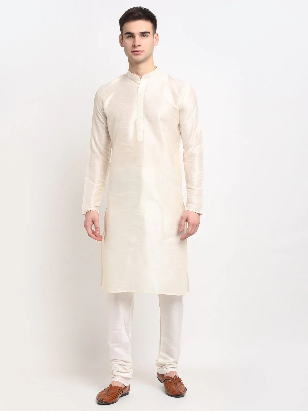 Men's White Solid Dupion Silk Kurta Payjama Set ( JOKP 636 White )