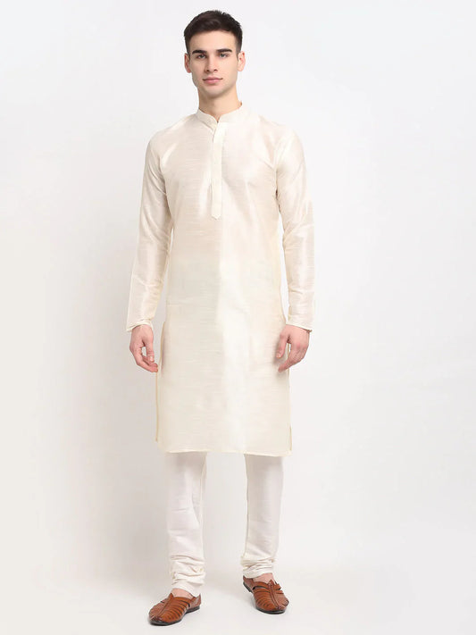 Men's White Solid Dupion Silk Kurta Payjama Set ( JOKP 636 White )