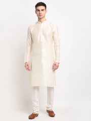 Men's White Solid Dupion Silk Kurta Payjama Set ( JOKP 636 White )