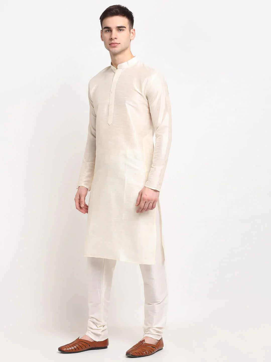 Jompers Mens White Solid Dupion Silk Kurta Payjama Set