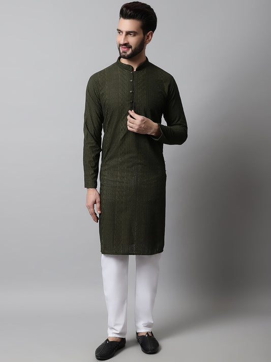 Men's Embroiderd Kurta Pajama ( JOKP 640Olive )