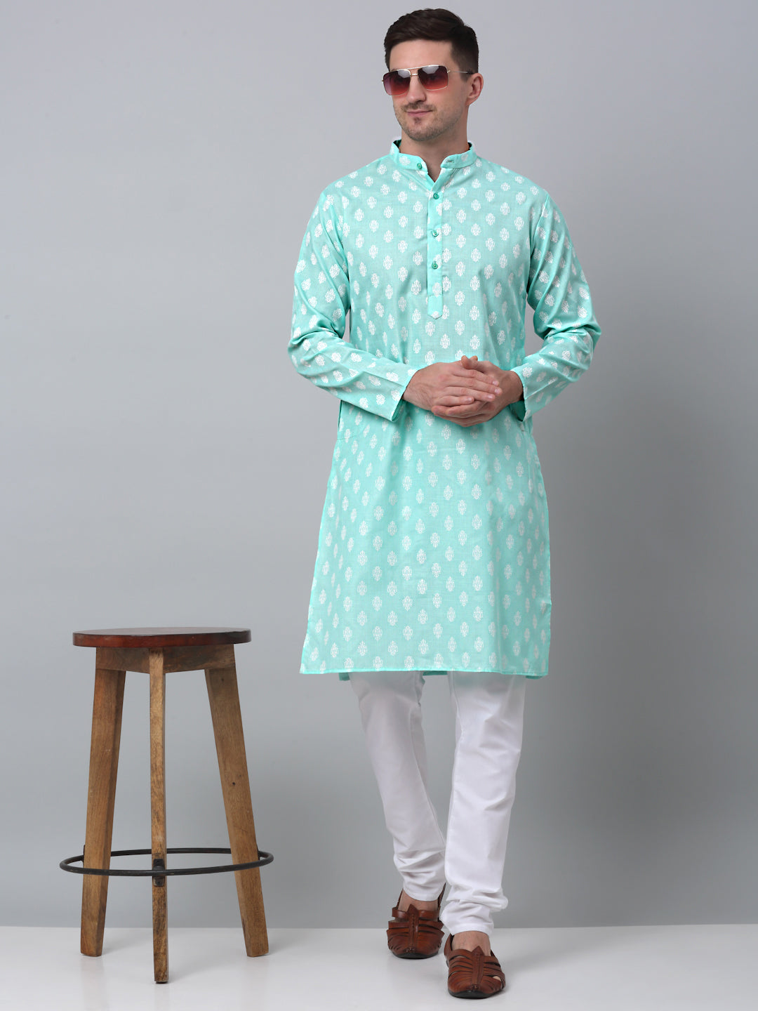 Jompers Mens Green Cotton Floral Printed Kurta Pyjama Set