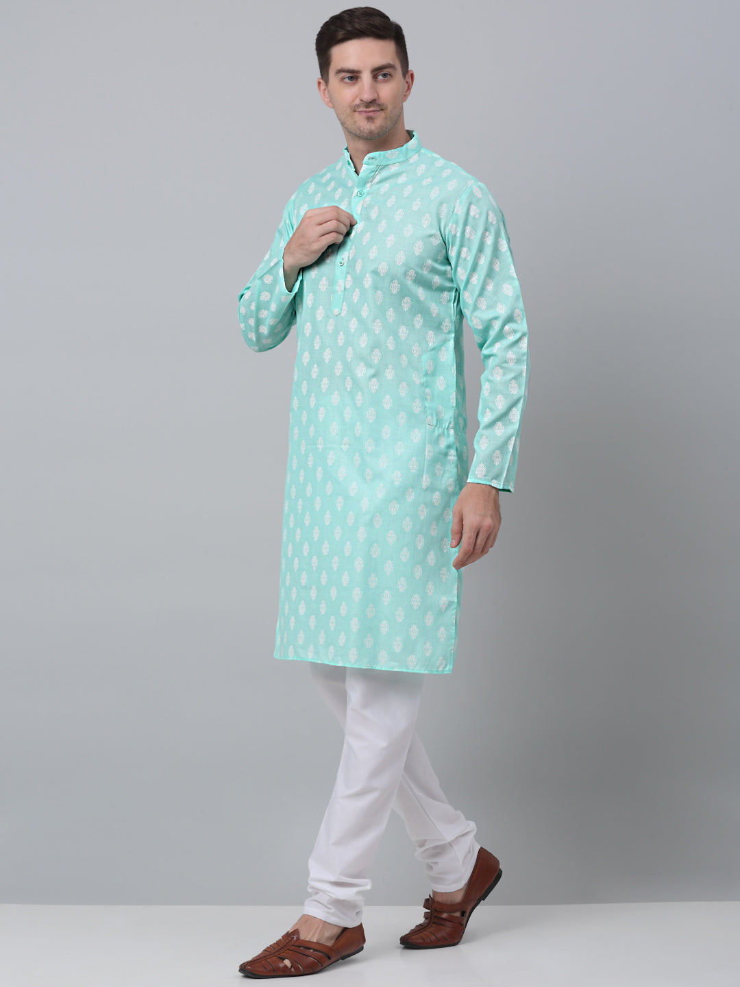 Jompers Mens Green Cotton Floral Printed Kurta Pyjama Set