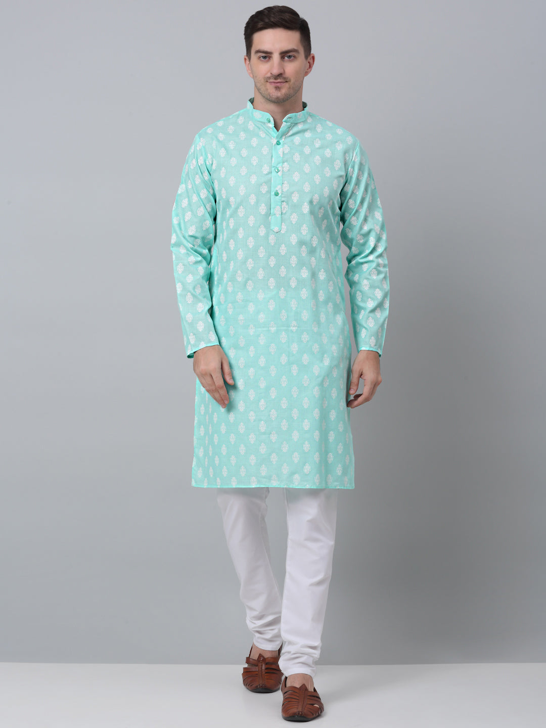 Jompers Mens Green Cotton Floral Printed Kurta Pyjama Set