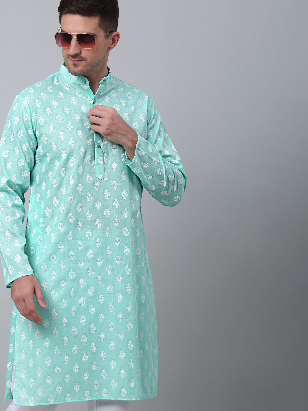 Jompers Mens Green Cotton Floral Printed Kurta Pyjama Set