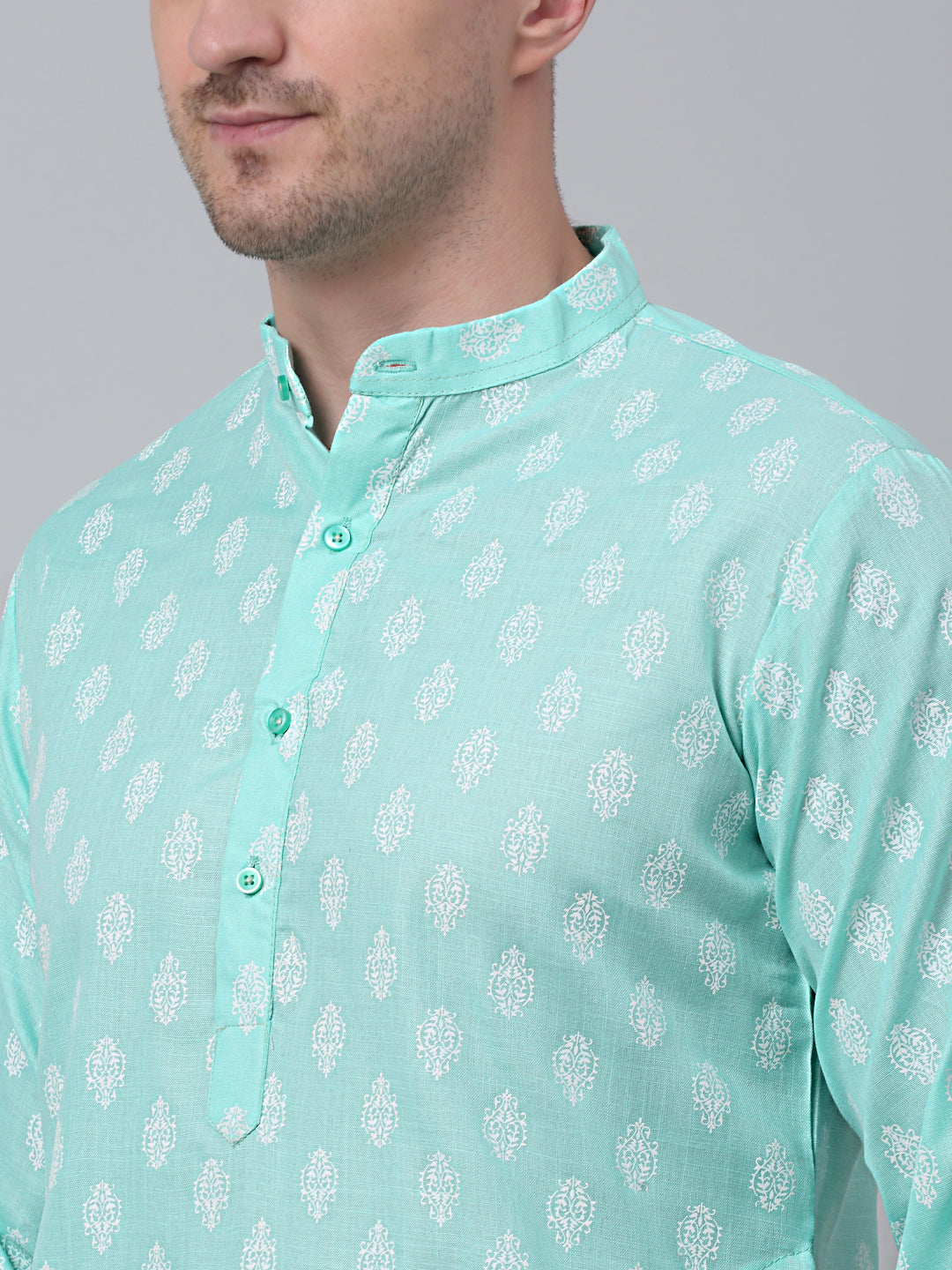 Jompers Mens Green Cotton Floral Printed Kurta Pyjama Set